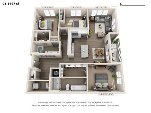 Floor plan for 3 beds, 2 baths, 1556 sqft